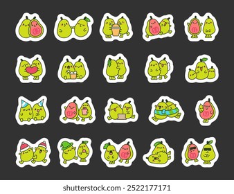 Tropical couple of guava friends. Sticker Bookmark. Funny fruit friendship. Vector drawing. Collection of design elements.