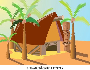 A tropical courtyard house surrounded by palm trees and the idol, hiding behind the house.