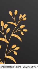 Tropical cover design with berry branch and golden leaves. Holiday black and gold pattern. Vector illustration