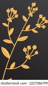 Tropical cover design with berry branch and golden leaves. Holiday black and gold pattern. Vector illustration