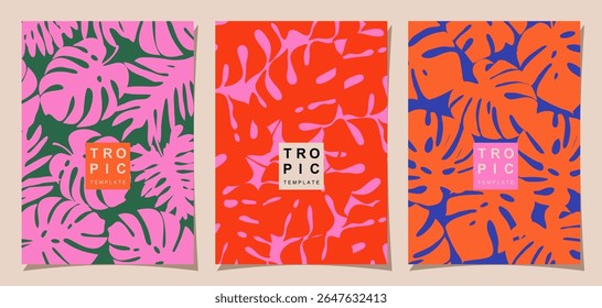 Tropical cover design with hand drawn palm leaves. Colorful natural Hawaiian summer background for posters, templates, cards, covers, decorations, banners, interior decors. Vector illustration.