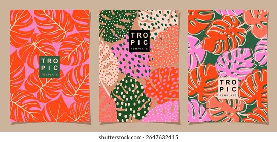 Tropical cover design with hand drawn palm leaves. Colorful natural Hawaiian summer background for posters, templates, cards, covers, decorations, banners, interior decors. Vector illustration.