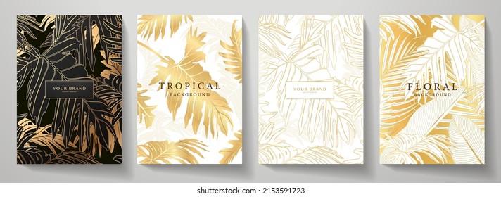 Tropical Cover Design Set With Abstract Palm Leaf Pattern (palm Tree Leaves In Lines). Premium Gold, Black, White Vector Background Useful For Brochure Template, Exotic Restaurant Menu, Lux Invitation