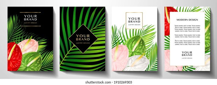 Tropical Cover Design Set With Asian Flower Bouquet And Green Palm Branch. Exotic Background Vector Pattern For Wedding Card, Menu Template, Summer Holiday Poster