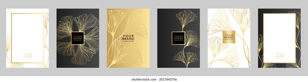 Tropical cover design set. Floral background with golden line leaves. Vector collection black and gold elegant pattern for wedding invitation, restaurant menu, luxury brochure, business, sale template