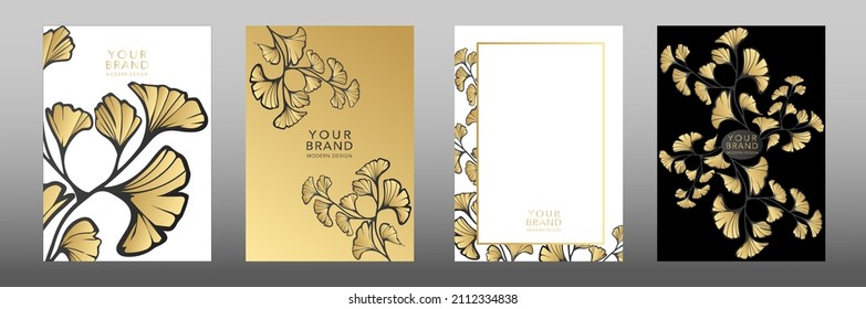 Tropical cover design set. Floral background with golden line leaves. Vector collection black and gold elegant pattern for wedding invitation template, luxury menu, brochure, business card, catalog.