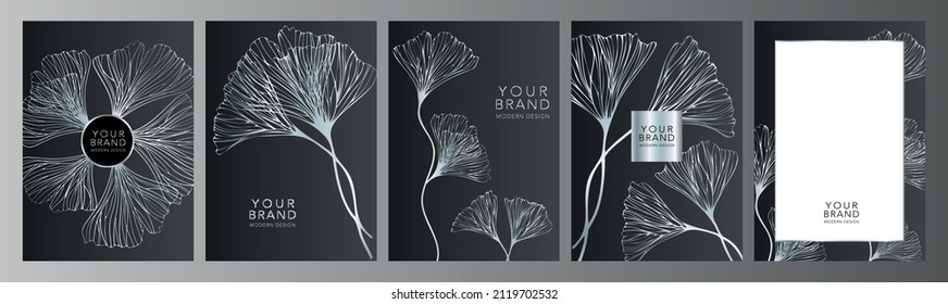 Tropical cover design set. Floral background with silver line leaves. Vector collection black elegant pattern for wedding invitation, restaurant menu, luxury brochure, business, eco catalog template