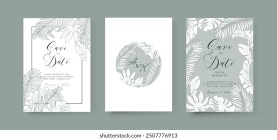 Design-Set für tropische Cover. Blumenhintergrund mit exotischen Blättern (Palme, Bananenbaum, Monstera). Elegante Vektorsammlung für Hochzeitseinladung, Broschüre Vorlage, Restaurant-Menü