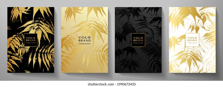 Tropical cover design set with golden leaf (tree branch) print on background. Holiday black and gold exotic pattern for vector wedding card, luxury menu template, summer holiday poster