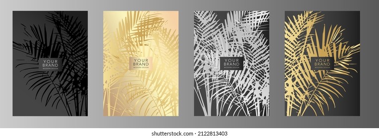 Tropical cover design set with golden leaves, palm tree pattern. Exotic floral vector background for brochure, luxury menu, sale flyer, summer template, eco catalog.