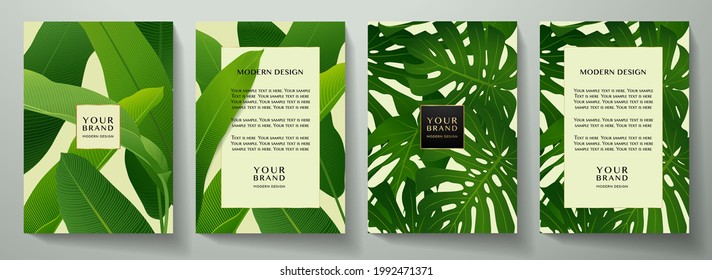 Tropical cover design set with green palm branch (Banana leaf, Monstera plant). Exotic background vector pattern useful for menu template, summer holiday poster, wedding card, poster