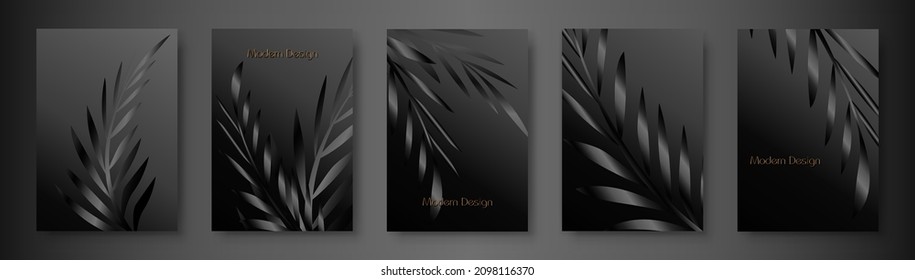 Tropical cover design set with palm branch, black leaf print on dark gradient background. Holiday black exotic pattern for vector floral wedding party card, luxury menu template, summer holiday poster