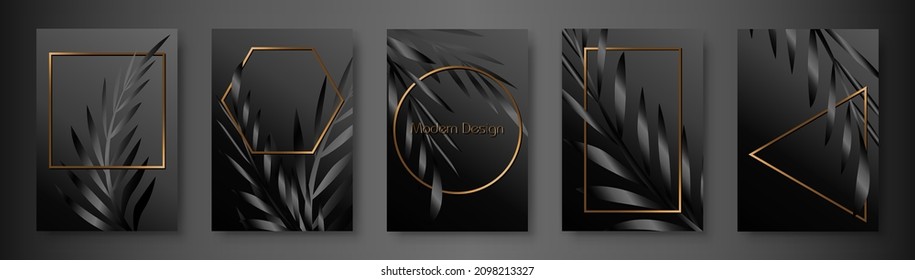 Tropical cover design set with palm branch, black leaf print on dark gradient background and golden geometric shape frames for vector floral wedding party card, luxury menu template, holiday templates