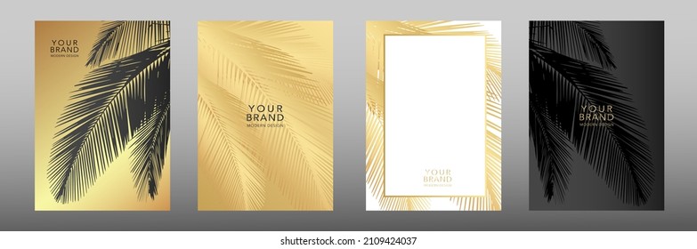 Tropical cover design set with palm branch, golden leaf on background. Holiday black and gold exotic tropical pattern for vector wedding card, luxury menu template, summer holiday poster