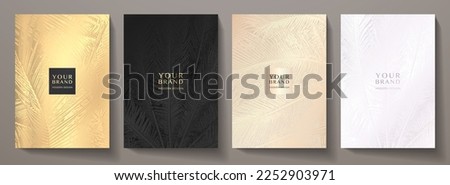 Tropical cover design set with palm leaf pattern (silver, black, gold palm tree leaves). Premium vector background useful for brochure template, exotic restaurant menu, invitation