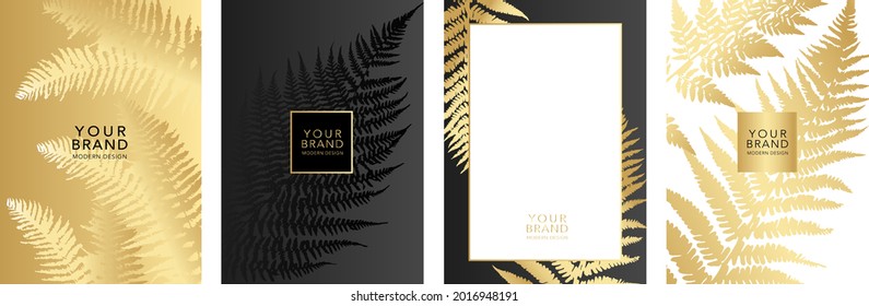 Tropisches Cover-Set mit einem Baumfarn-goldenen Blatt auf Hintergrund. Exotisches Urlaubsmuster aus Schwarz und Gold für Vektorgeschäft, Verkauf, Hochzeitskarte, Luxus-Menüvorlage, Sommerurlaubsposter.