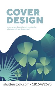 Tropical Cover Design template with green plants and undulating mountains below text, colored vector illustration