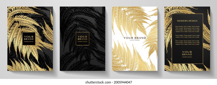 Tropical cover, frame design set with golden leaf (fern) print on background. Holiday vector black and gold exotic pattern for wedding card, luxury menu template, summer holiday poster