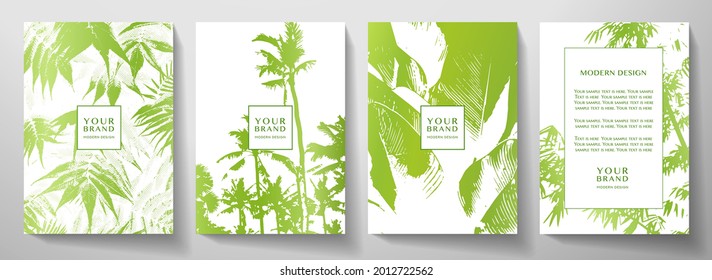 Tropical cover, frame design set with abstract leaves, palm tree pattern. Green exotic vector background useful for brochure, menu template, summer holiday poster