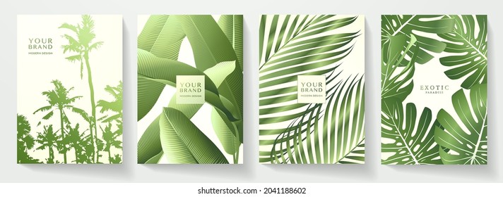 Tropical Cover, Frame Design Set With Green Leaves, Palm Tree Pattern. Exotic Floral Vector Background For Brochure, Menu Summer Sale Template, Eco Poster