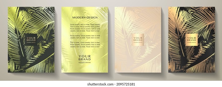 Tropical Cover, Frame Design Set With Abstract Palm Leaf Pattern (palm Tree Leaves). Green, Gold, Black Vector Background Useful For Brochure Template, Exotic Restaurant Menu, Invitation