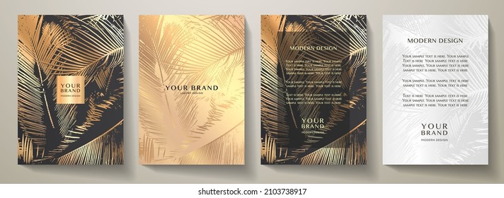 Tropical Cover, Frame Design Set With Abstract Palm Leaf Pattern (palm Tree Leaves). Premium Gold, Black Vector Background Useful For Brochure Template, Luxe Exotic Restaurant Menu, Luxury Invitation