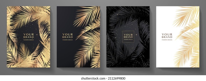 Tropical cover, frame design set with abstract palm leaf pattern (palm tree leaves). Premium gold, black vector background useful for brochure template, exotic restaurant menu, invitation