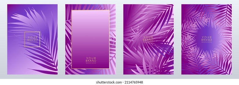 Tropische Abdeckung, Rahmendesign-Set mit abstraktem Palmenblatt-Muster. Feiertags Samt violetter Vektorhintergrund mit goldenem Rahmen für Broschüre, Katalogvorlage, exotische Speisekarte, Hochzeitseinladung.