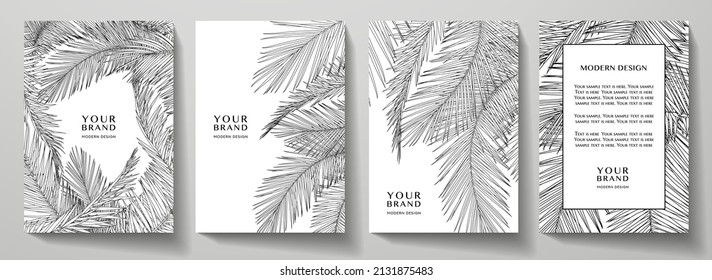 Tropical Cover, Frame Design Set With Black Line Palm Leaf Pattern (palm Tree Leaves). Premium Vector On White Background Useful For Brochure Template, Exotic Restaurant Menu, Invitation
