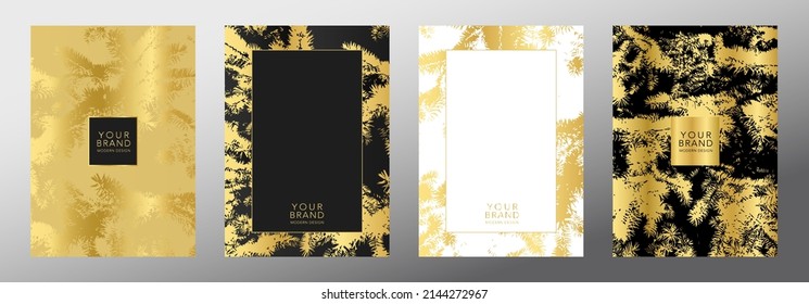 Tropical cover frame design set with abstract golden leaf tree branch print on background. Holiday black and gold exotic pattern for vector wedding invite, luxury menu template, summer poster, card