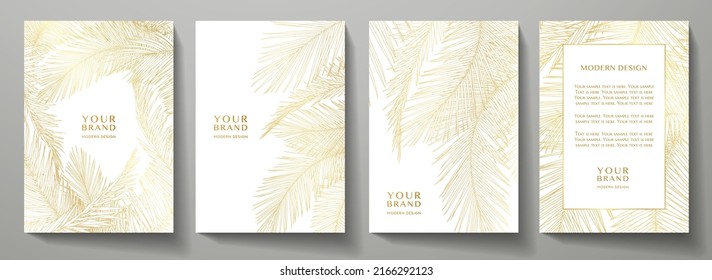 Tropical cover, frame design set with line palm leaf pattern (gold palm tree leaves). Premium golden vector on white background useful for brochure template, exotic restaurant menu, invitation