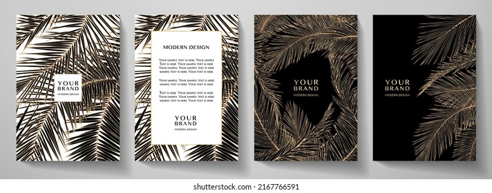 Tropical Cover, Frame Design Set With Line Palm Leaf Pattern (gold Palm Tree Leaves). Premium Golden Vector On White And Black Background For Brochure Template, Exotic Restaurant Menu, Invitation