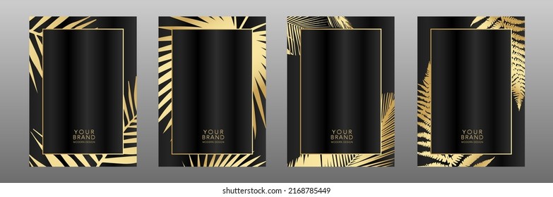 Tropical cover frame design set with palm golden leaf on background. Holiday black and gold exotic pattern for vector business, sale, wedding card, luxury menu template, summer holiday poster.