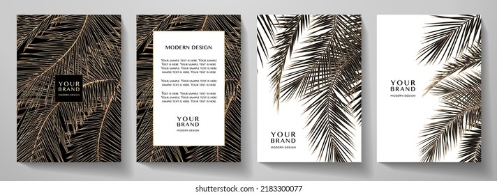 Tropical Cover, Frame Design Set With Line Palm Leaf Pattern (gold Palm Tree Leaves). Premium Golden Vector On White And Black Background For Brochure Template, Exotic Restaurant Menu, Invitation