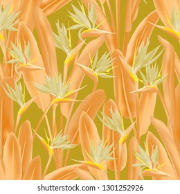 Tropical crane flower vector seamless pattern. Bohemian tropical plant fabric print design. South African plant tropical blossom of crane flower, strelitzia. Floral textile print.
