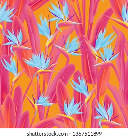 Tropical crane flower vector seamless pattern. Jungle exotic tropical plant fabric design. South African plant tropical blossom of crane flower, strelitzia. Floral textile print.