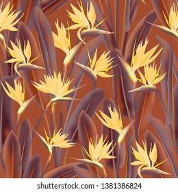 Tropical crane flower vector seamless pattern. Jungle exotic tropical plant fabric design. South African plant tropical blossom of crane flower, strelitzia. Floral textile print.