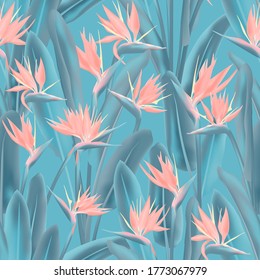 Tropical crane flower vector seamless pattern. Jungle exotic tropical plant fabric design. South African plant tropical blossom of crane flower, strelitzia. Floral wallpaper.