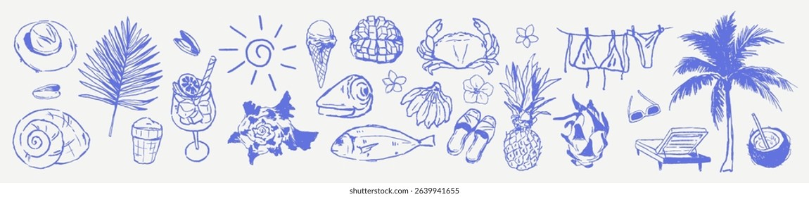 Tropical crayon scribble sketched set. Summer marine elements in grunge chalk rough sketch style. Hand drawn vector illustration of sea nautical vacation. Watercolor, charcoal texture for design.	