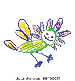 Tropical crazy fantastic doodle bird animal or insect. Crayon like kids hand drawn colorful bright funny jungle flying monster. Vivid smiling character. Vector pastel chalk or pencil childlike art