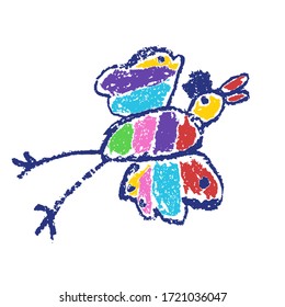 Tropical crazy fantastic doodle bird animal. Crayon like kids hand drawn colorful bright funny jungle flying monster. Vivid smiling character. Vector pastel chalk or pencil childlike multicolor art