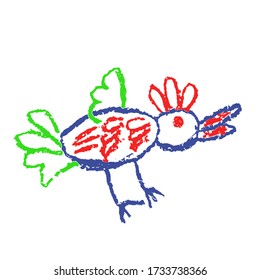 Tropical crazy fantastic doodle bird animal. Crayon like kids hand drawn colorful bright funny jungle flying monster. Vivid smiling character. Vector pastel chalk or pencil childlike freehand art