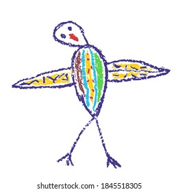 Tropical crazy fantastic doodle bird animal. Crayon like kids hand drawn colorful bright funny jungle flying monster. Vivid smiling character. Vector pastel chalk or pencil childlike multicolor art