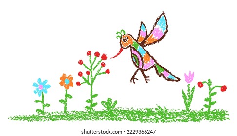 Tropical crazy fantastic doodle bird and flower meadow. Crayon like kid`s hand drawn colorful bright funny jungle flying monster. Vector pastel chalk or pencil childlike cartoon art