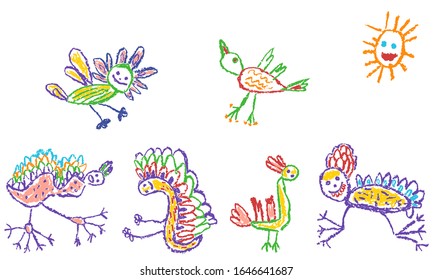 Tropical crazy fantastic doodle birds animal or insect set. Crayon like kid`s hand drawn colorful bright funny jungle flying monsters. Blossom vivid plants. Vector pastel chalk or pencil childlike art