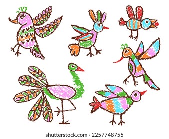 Tropical crazy fantastic doodle birds set. Crayon like kid`s hand drawn colorful bright funny jungle flying monsters. Vector pastel chalk or pencil childlike cartoon art