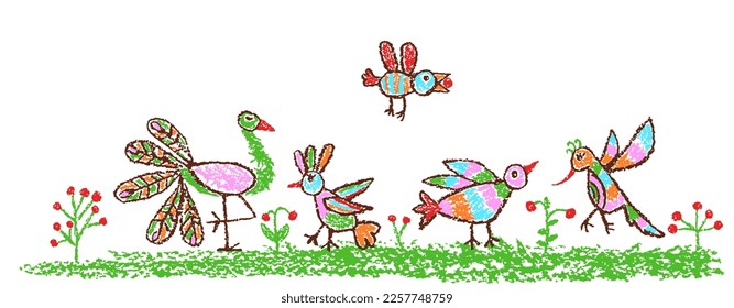 Tropical crazy fantastic doodle birds set. Flower summer meadow. Crayon like kid`s hand drawn colorful bright funny jungle flying monsters. Vector pastel chalk or pencil childlike cartoon art