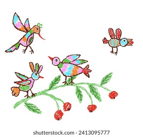 Fantástico y tropical pájaros de doodle en la rama de la planta con bayas. Dibujo a mano de Doodle arte divertido de verano de la jungla. Crayon, lápiz de tiza pastel estilo de niño vector divertido personaje de caricatura