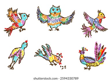 Tropical louco fantástico doodle aves set. Crayon como a mão da criança desenhada colorido brilhante engraçado selva voando personagem monstros. Gesso pastel vetorial ou lápis de desenho infantil coruja, arte da cotovia