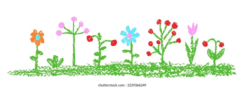 Tropical crazy fantastic doodle flower or berry meadow. Crayon like kid`s hand drawn colorful bright funny jungle art. Vector pastel chalk pencil childlike cartoon style